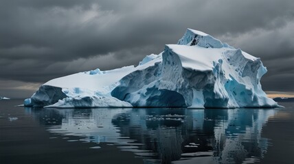A massive iceberg floats in the ocean with dark stormy clouds in the background.