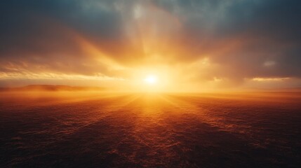 Obraz premium Warm golden rays of a sunrise piercing through the grey clouds, casting long shadows over a desolate landscape, a visual metaphor for hope after hardship