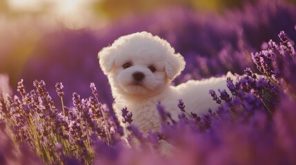 Fototapeta premium Puppy in Lavender Field.