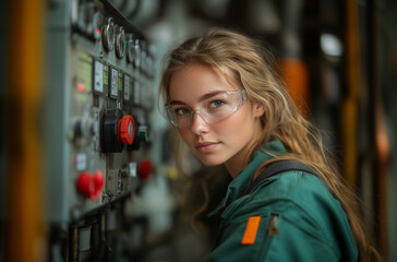 Portrait of a blonde girl in a green uniform with safety glasses on her face, working at a control panel inside a factory