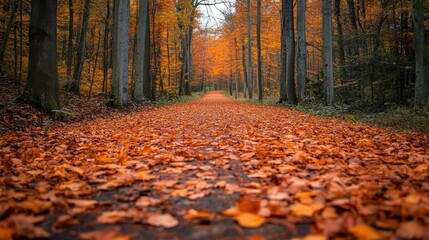 Naklejka premium Forest path with a soft carpet of leaves