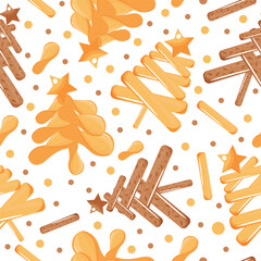 pattern with stylized Christmas trees from various sets of chips, crackers and fries and a star on top for various holiday posters or designs