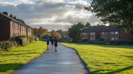 Active Residents Enjoying a Jog on Scenic Path in Tranquil Housing Estate