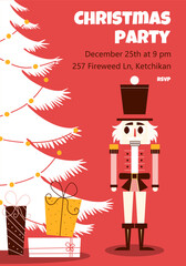 an invitation to a Christmas party with an illustration of the nutcracker. Invitation card template with vector illustration of simple shapes in red, brown and pink colors.