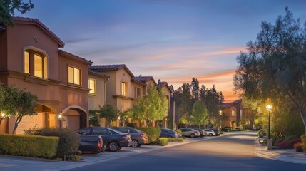 Obraz premium Serene Evening in a Secure Gated Community with Illuminated Streetlights and Parked Cars