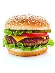 Classic cheeseburger with lettuce, tomato, and pickles on white background.