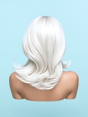 Naklejka premium Elegant back view of a person with long, flowing white hair against a light blue background, showcasing hair texture and style.
