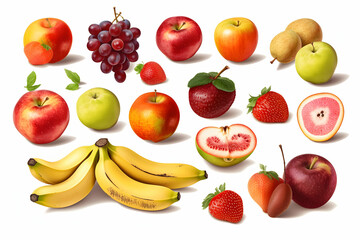 A collection of various fruits, including apples, pears, bananas, grapes, and strawberries, isolated on a white background.