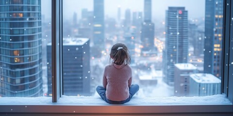 A young girl sits in a window looking out at the city. The snow is falling outside, and the girl is wearing a red jacket. The scene is peaceful and quiet, with the girl enjoying the view of the city