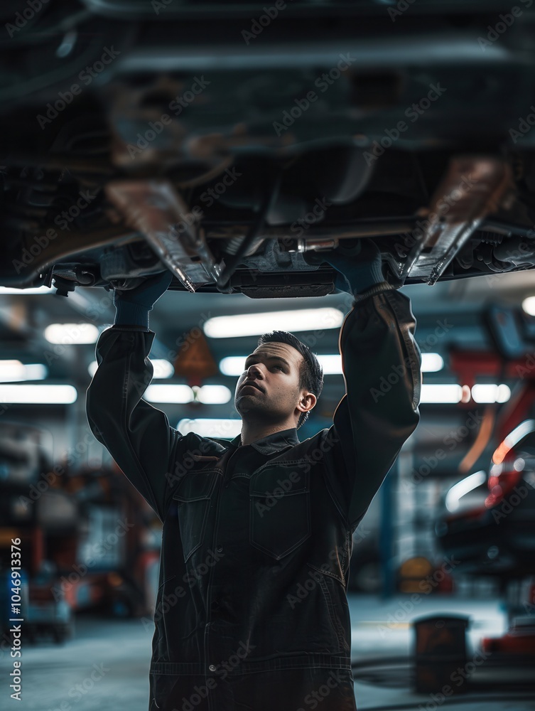 Fototapete a mechanic is focused on inspecting the underside of a car lifted on a hoist in a busy garage, ensur