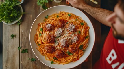 Delicious Spaghetti with Meatballs and Cheese Topping