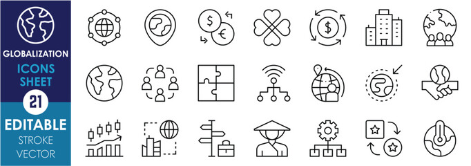 A set of line icons related to Globalization. Network, global, world, earth, friendship, supply chain, currency, culture, diversity, migration, climate, and so on. Vector editable stroke.