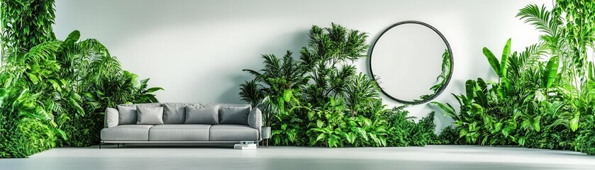 Obraz premium A modern living room featuring a gray sofa and lush green plants, creating a serene and refreshing indoor environment.