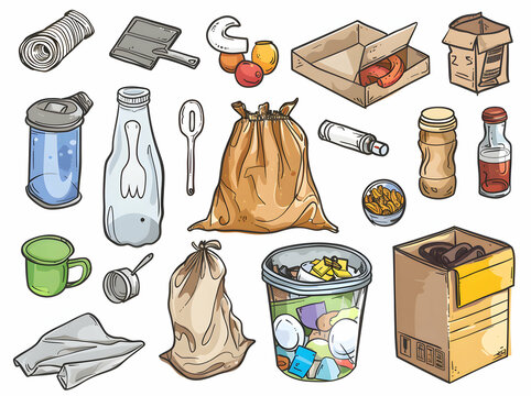 A collection of various recyclable and non-recyclable waste items.