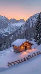 Naklejka premium Small cabin in snowy mountains at sunset