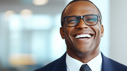 Fototapeta premium A cheerful office worker in business attire beams with enthusiasm in a modern workplace