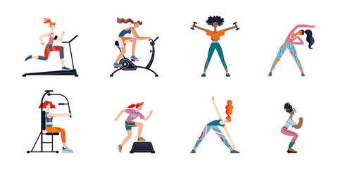 Workout exercises of woman in gym set vector illustration. Sport training exercises of girls. Cartoon active strong females on cardio workout, gymnastics, aerobics and yoga. Healthy lifestyle concept.