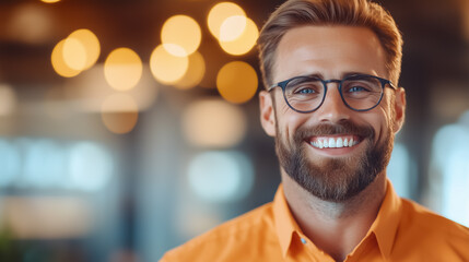 Obraz premium A friendly office employee beams with joy while engaging in work at a contemporary desk, radiating positive energy