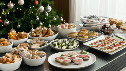 Christmas Dinner table full of dishes with food and snacks
