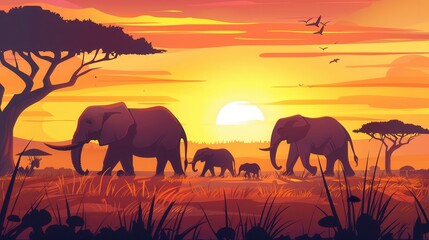 Obraz premium A herd of elephants strolls through the vast African savanna, enjoying the breathtaking sunset and the warm hues of the evening sky. Generative AI