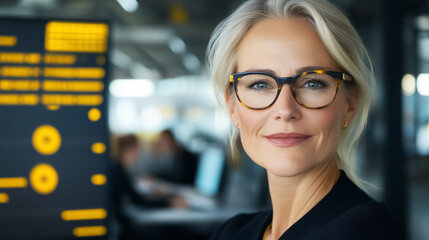 A friendly female customer service representative engages with clients in a bright, contemporary office setting