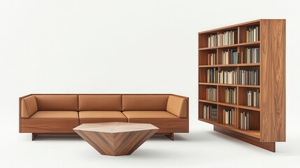Stylish modern living room featuring a wooden sofa, geometric coffee table, and a bookcase filled with books.