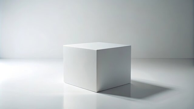 A solitary white cube rests on a pristine white surface, its sharp edges casting a subtle shadow against the backdrop of an immaculate white wall.