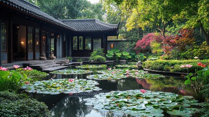 Fototapeta premium Traditional Chinese building with water lily pond.