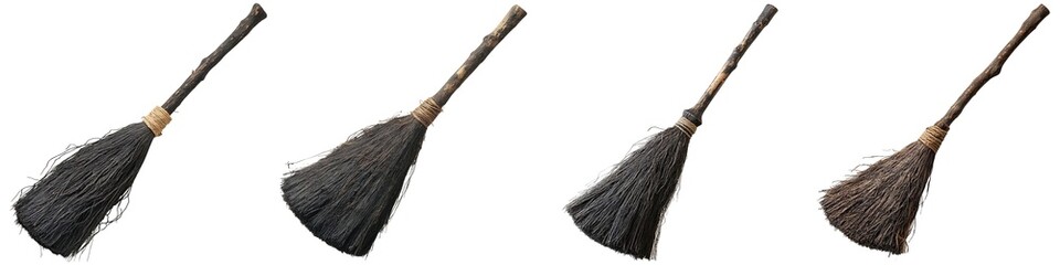 Set of rustic broom with a natural wooden handle and dark bristles