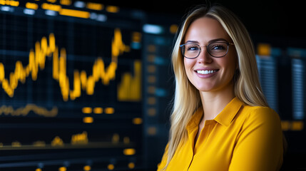 Naklejka premium The blonde rep interacts warmly with clients in a vibrant, professional financial environment