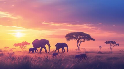 Fototapeta premium As the sun sets, a family of elephants strolls through the African savanna, surrounded by the warm glow of twilight hues. Generative AI