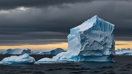 A large, blue iceberg towers over a group of smaller icebergs in the ocean. The sky is dark and stormy, with hints of orange light in the distance.
