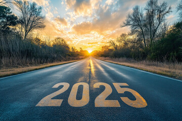 Sunrise over road with 2025, celebrating New Year hope and determination for future goals, motivational print for success