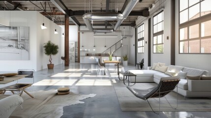 A contemporary urban loft design featuring a white canvas backdrop, Sparsely furnished with sleek, angular pieces