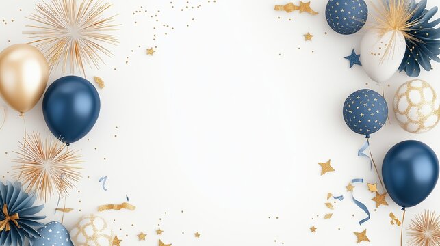 Party celebration background with blue and gold confetti, stars decorations, and balloons, print for birthday cards, festive events and special gatherings