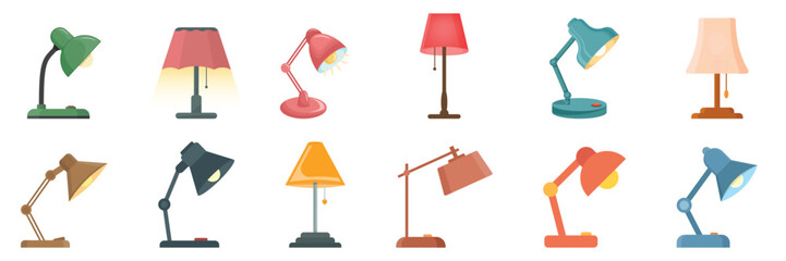 Desk lamp icon set in flat style. Spotlight vector illustration on isolated background. Light bulb sign business concept. © Lysenko.A