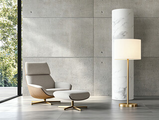 Elegant marble lamp with gold stem in modern living room setting featuring minimalistic furniture and natural light