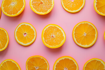 Fototapeta premium Close up of many orange slices on a pink background. The slices are cut in half and arranged in a pattern