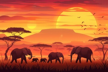 Fototapeta premium Elephants walk gracefully across the savanna as the sun sets, painting the sky in stunning shades of orange and pink. Generative AI