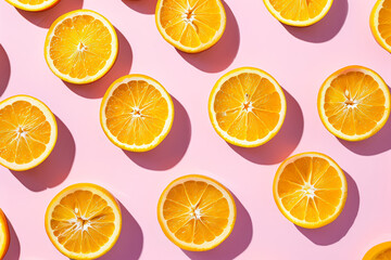 Obraz premium Close up of many oranges on a pink background. The oranges are sliced and arranged in a pattern