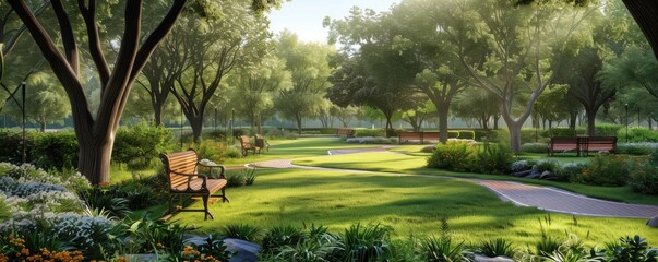 Lush green park with walking paths and benches, 4K hyperrealistic photo
