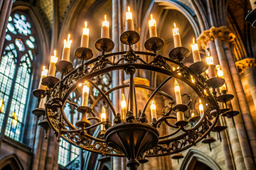 A stunning chandelier with multiple candles illuminates a grand, architectural interior, casting a warm glow and enhancing the beauty of the surrounding space.