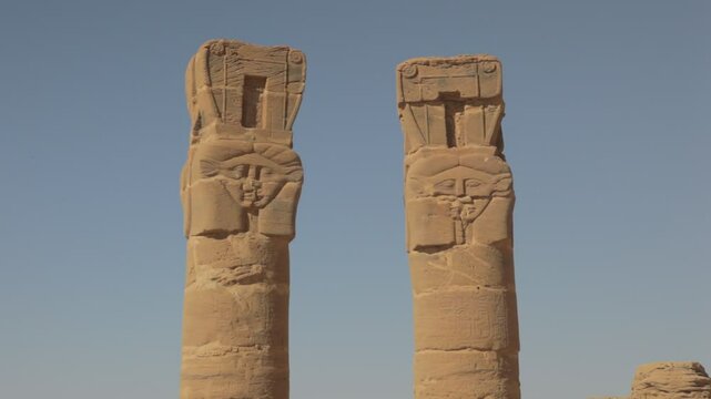 Sudan, Karima, hatoric style columns in the courtyard of the temple of amun