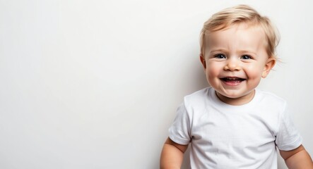 blonde toddler boy white background wearing plain white tshirt smiling happy portrait