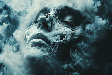 A haunting, ethereal image of a face partially obscured by swirling clouds, creating a surreal, dreamlike atmosphere.