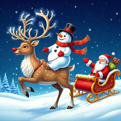 Snowman riding a deer with Santa in the sled