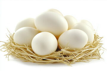 A delicate nest of white eggs resting peacefully on a bed of straw in a serene light setting. Generative AI