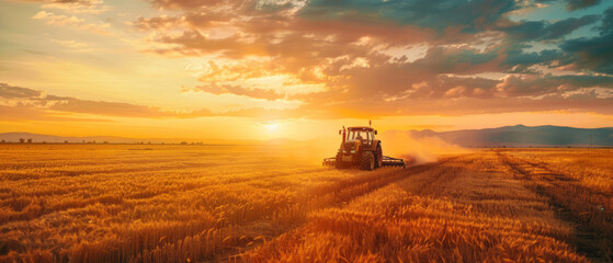 Fototapeta premium A tractor plows a field at sunset, with a meadow and golden wheat fields in the background.