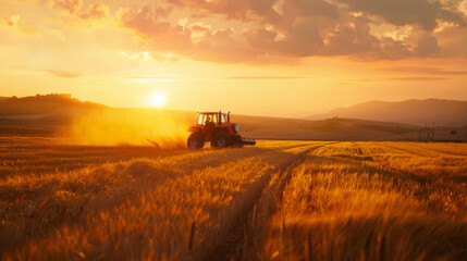 Fototapeta premium A tractor works in a field at sunset with golden wheat fields and distant mountains, captured in a detailed photo.