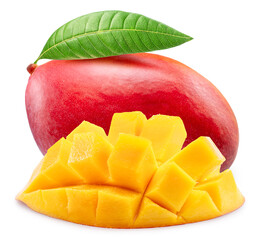 Ripe mango fruit and mango cut into hedgehog-shaped style on white background. File contains clipping path.